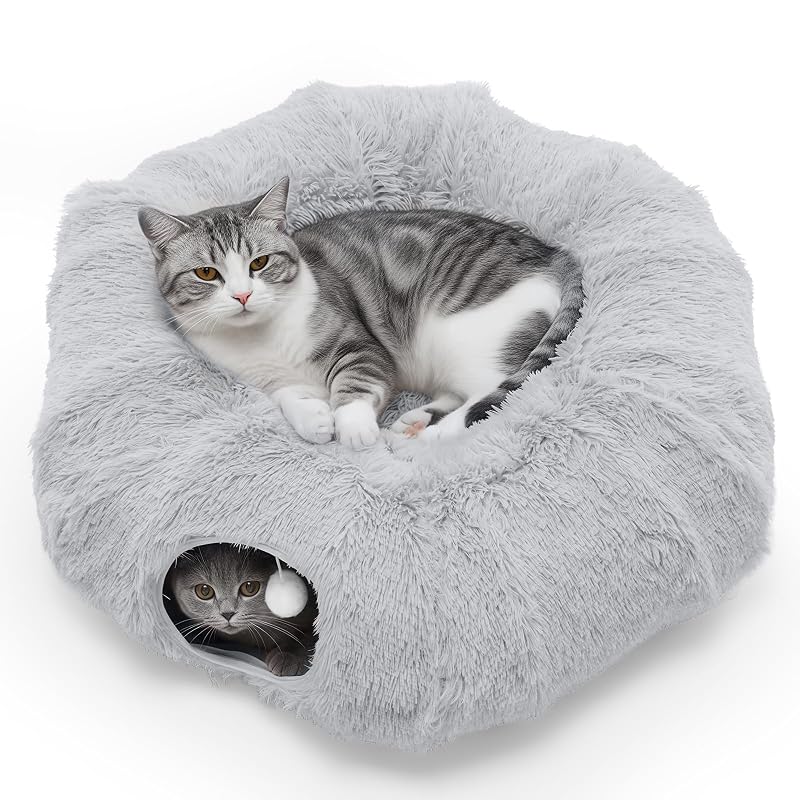 Túnel-cama para gatos DUMOS com design donut, pelúcia e combinação destacável, Cinza, 1 unidade