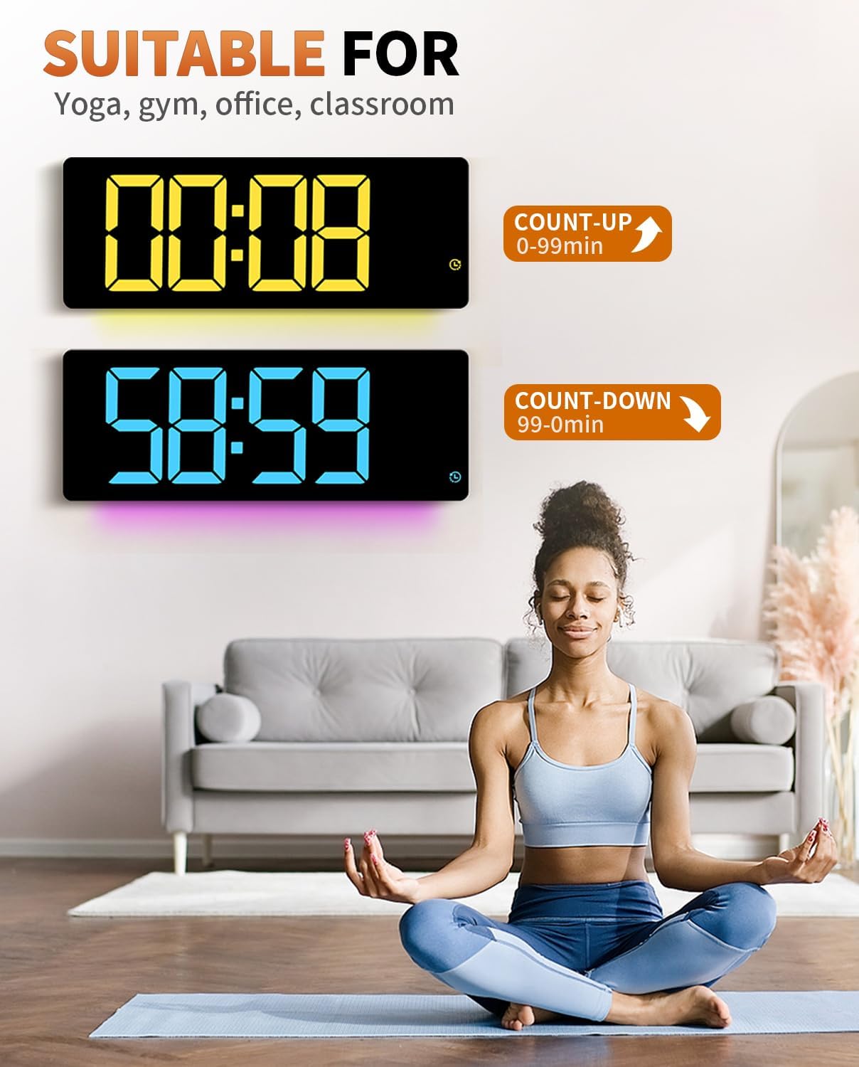 17.2" Large Digital Wall Mount Clock, Count Down Timer, Alarm, Big LED, 11 RGB Color, Temperature for Living Room Classroom Desk, Xmas, Birthday Gift for Senior Mom Dad (Rectangle)