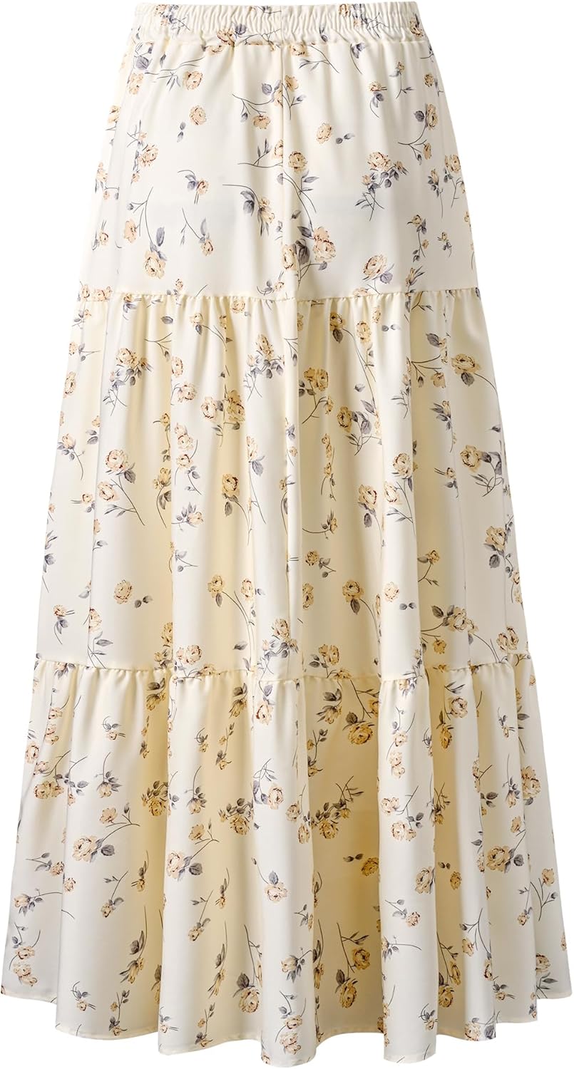 Maxi Skirt Women Summer Boho Flowy Swing Tiered A-Line Fall Elastic High Waist Pleated Ruffle Long Beach Skirt Dress - Image 8