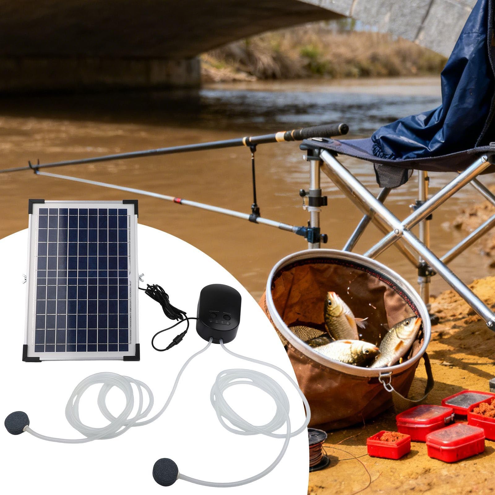 15 W Solar-Sauerstoffpumpen-Set für Aquarium mit 4400 mAh, 3 einstellbaren Modi, Luftsteinbelüfter, verstellbares Panel für Aquarium, Teich, Vogelbad, 22–110 Stunden Nutzung