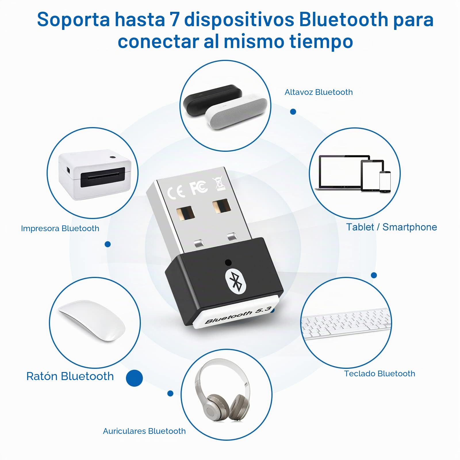 USB Bluetooth 5.3 Adaptador - Adaptador Bluetooth para PC Plug & Play, Dongle USB para Portátil, Auriculares, Teclado, Ratón, Compatible con Windows 11/10/8.1/7