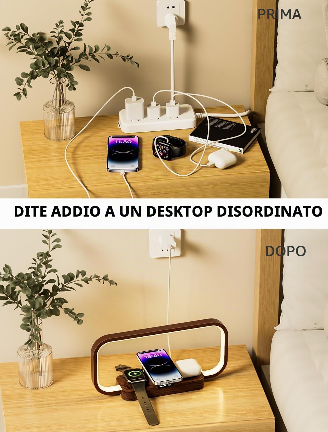 3 in 1 Lampada da Comodino con Caricatore Wireless & Porta USB, 5 Colori Lampada da Tavolo Dimmerabile Controllo Touch, Stazione di Ricarica per Pods, Smartphone per Camera (Marrone)