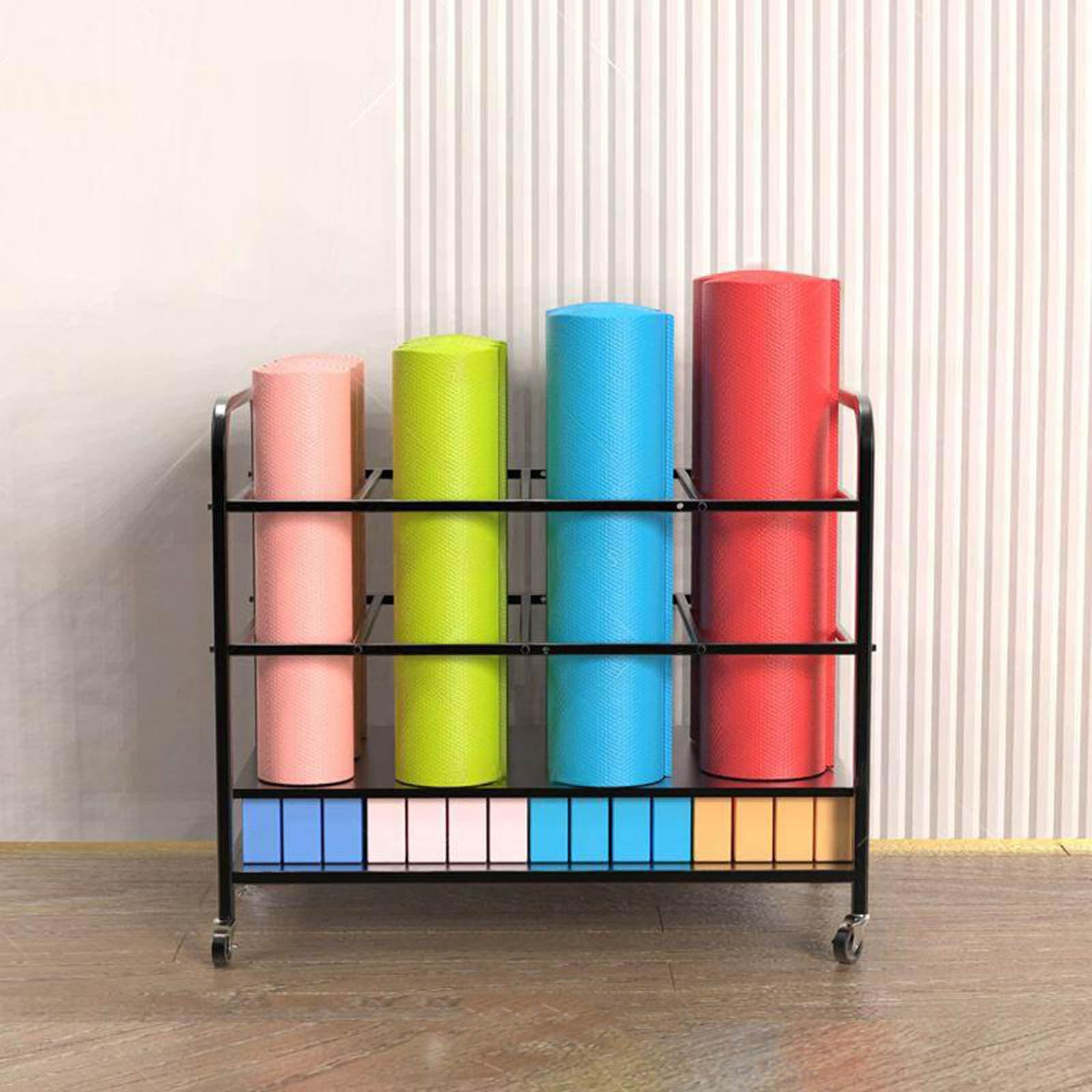 Cesta para esterilla de yoga con ruedas, organizador de metal para 9-14 tapetes y 30 bloques, estante móvil para estudio en casa