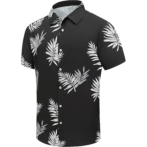 SheLucki Hawaiian Shirt for Men, Unisex Summer Beach Casual Short Sleeve Button Down Shirts, Printed Palmshadow Clothing