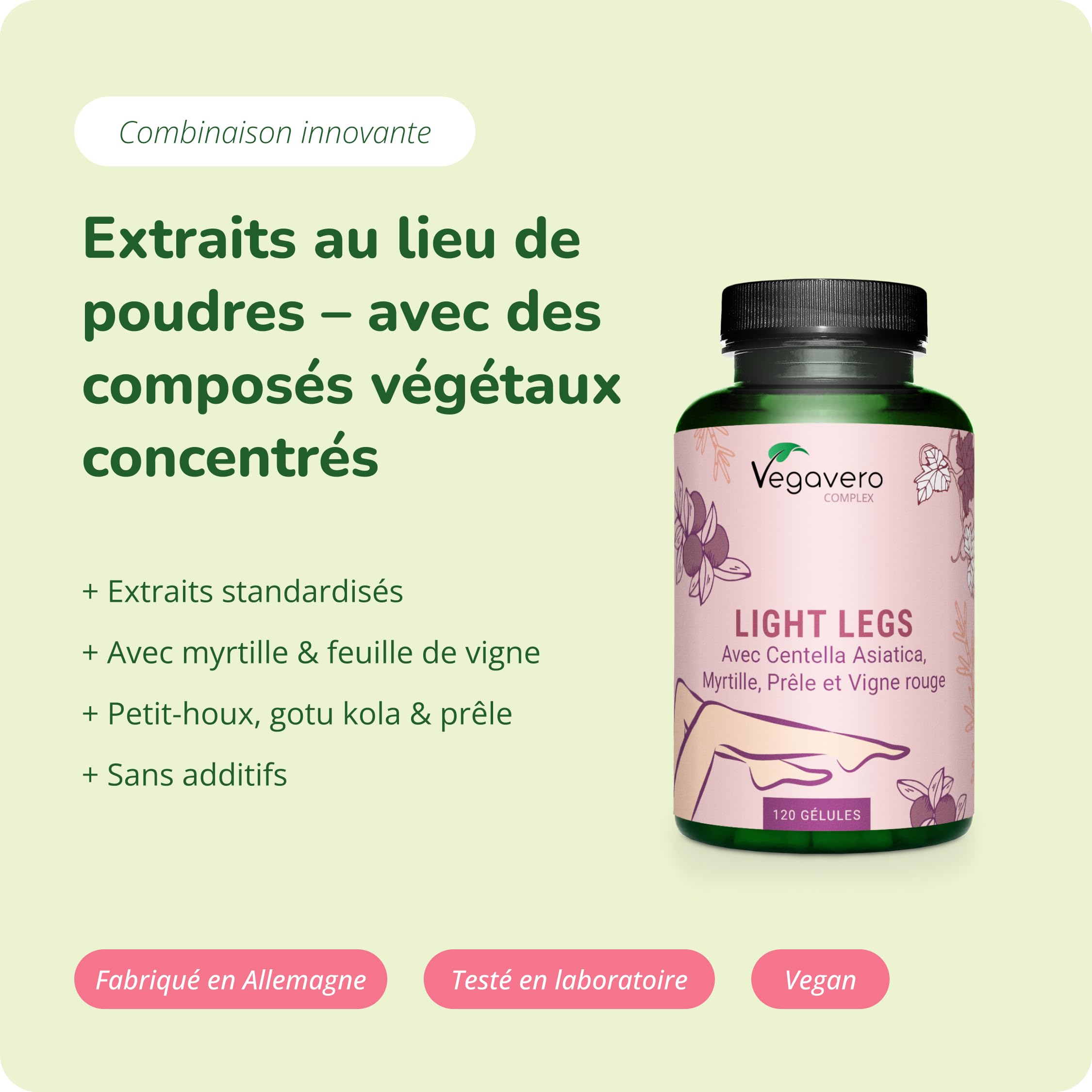 Circulation Sanguine | Jambes Lourdes et Gonflées | Vegavero® | 120 Gélules | Avec Vigne Rouge, Prêle des Champs, Petit Houx, Gotu Kola et Myrtille | 100% Naturel | Vegan