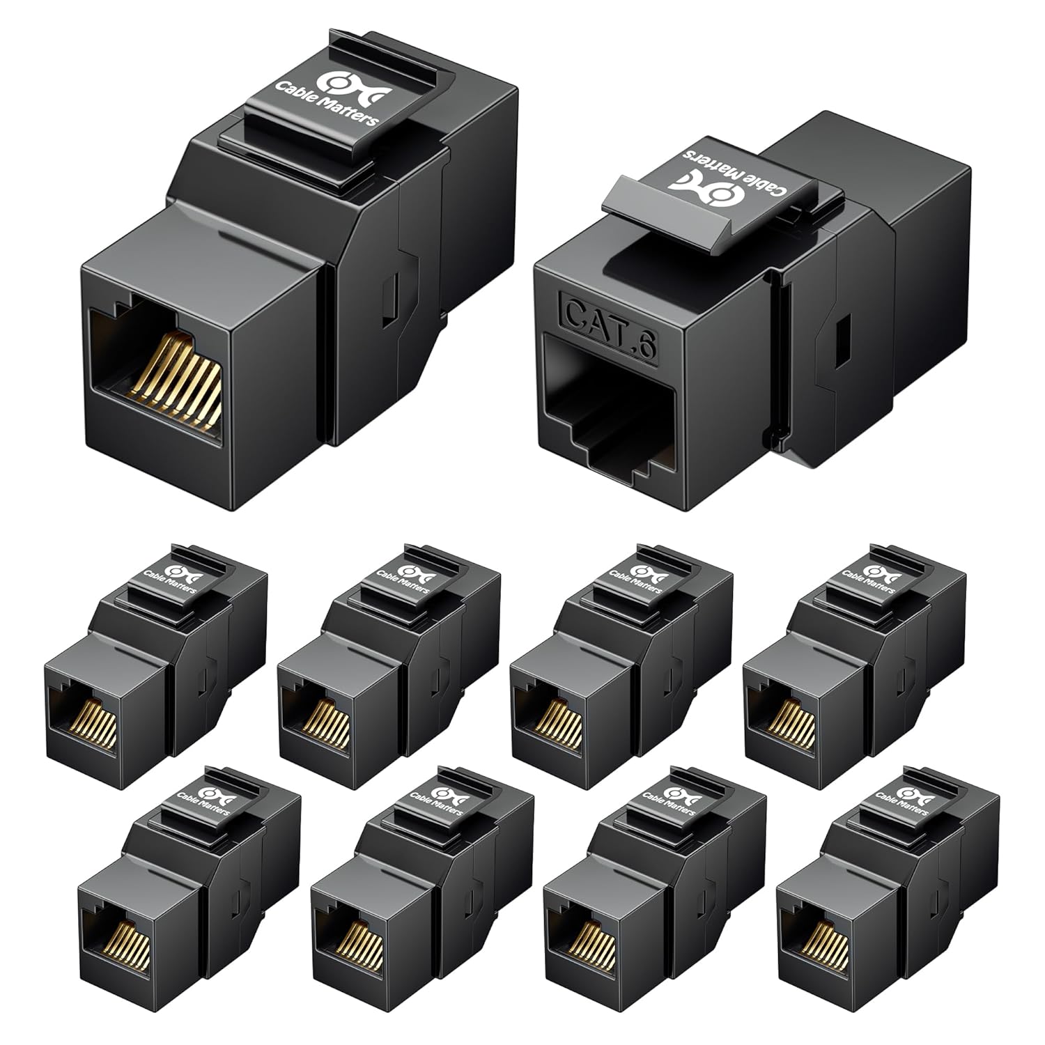 Cable Matters [UL Listed] 10-Pack 10Gbps Cat6 Keystone Coupler, RJ45 Keystone Jack Coupler/Ethernet Female to Female Modular Jack in Black for Patch Panel, Wall Plate