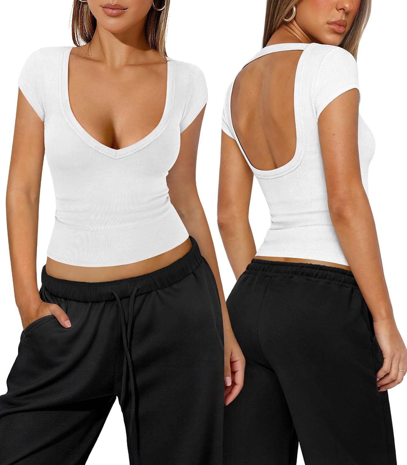 Womens Deep V Neck T Shirts for Women Ribbed Knit Slim Short Cap Sleeve Tee Casual Backless Workout Going Out Tops