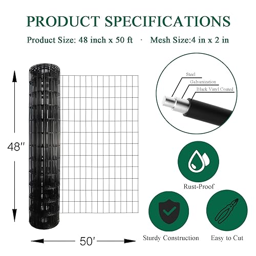 Miniatura 3 de Valla de alambre soldada con revestimiento de PVC negro de 48 pulgadas x 50 pies, 2 pulgadas x 4 pulgadas, 14GA, rollo de cercado de borde
