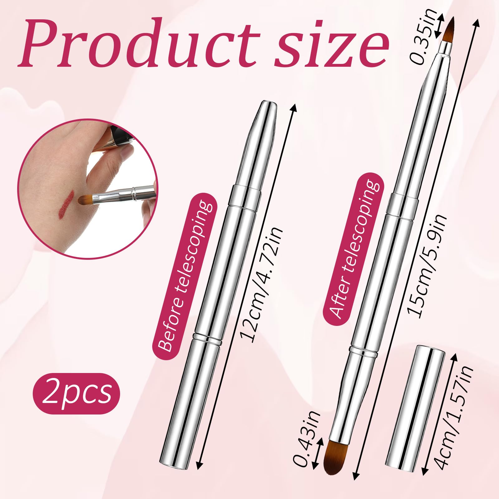Lot de 2 pinceaux à lèvres rétractables à double extrémité avec capuchon pour rouge à lèvres, gloss et fard à paupières (argenté)