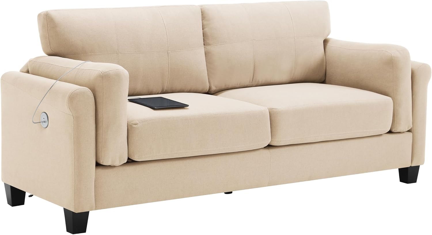 Oversized 79" Modern Style Button Tufted Linen Upholstered 3-Seat Sofa with Built-in USB Ports, Khaki