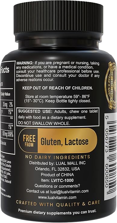 LUAL Vitamin C 500mg Chewable Tablets, Tropical Fruit Flavor, Immune Support & Antioxidant Supplement, Gluten Free, 200 Chewable Tablets