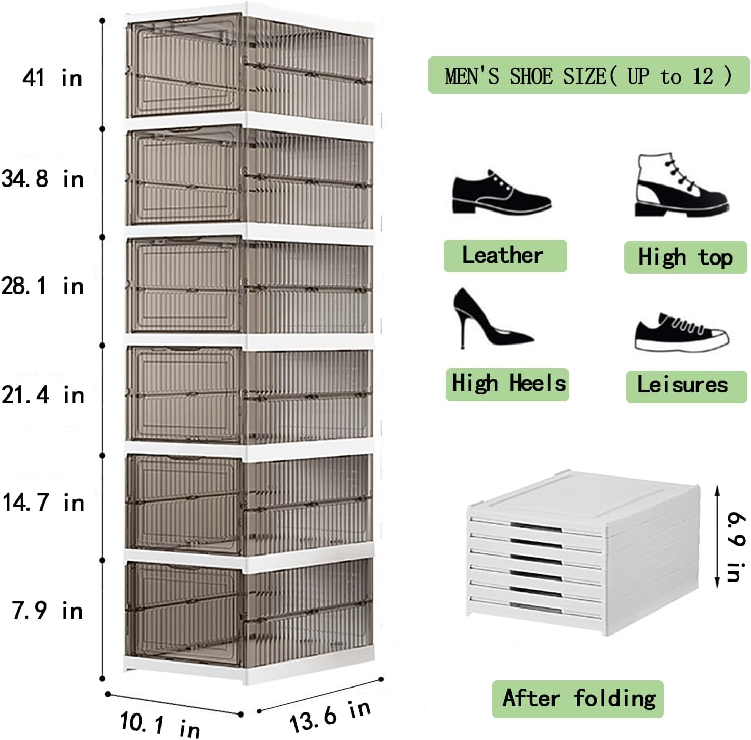 Shoe Storage Organizer Box 6-Tier Foldable Collapsible Stackable Shoe Rack Bins, Fit Size 12, No Assembly, for Men and Women (Transparent gray)