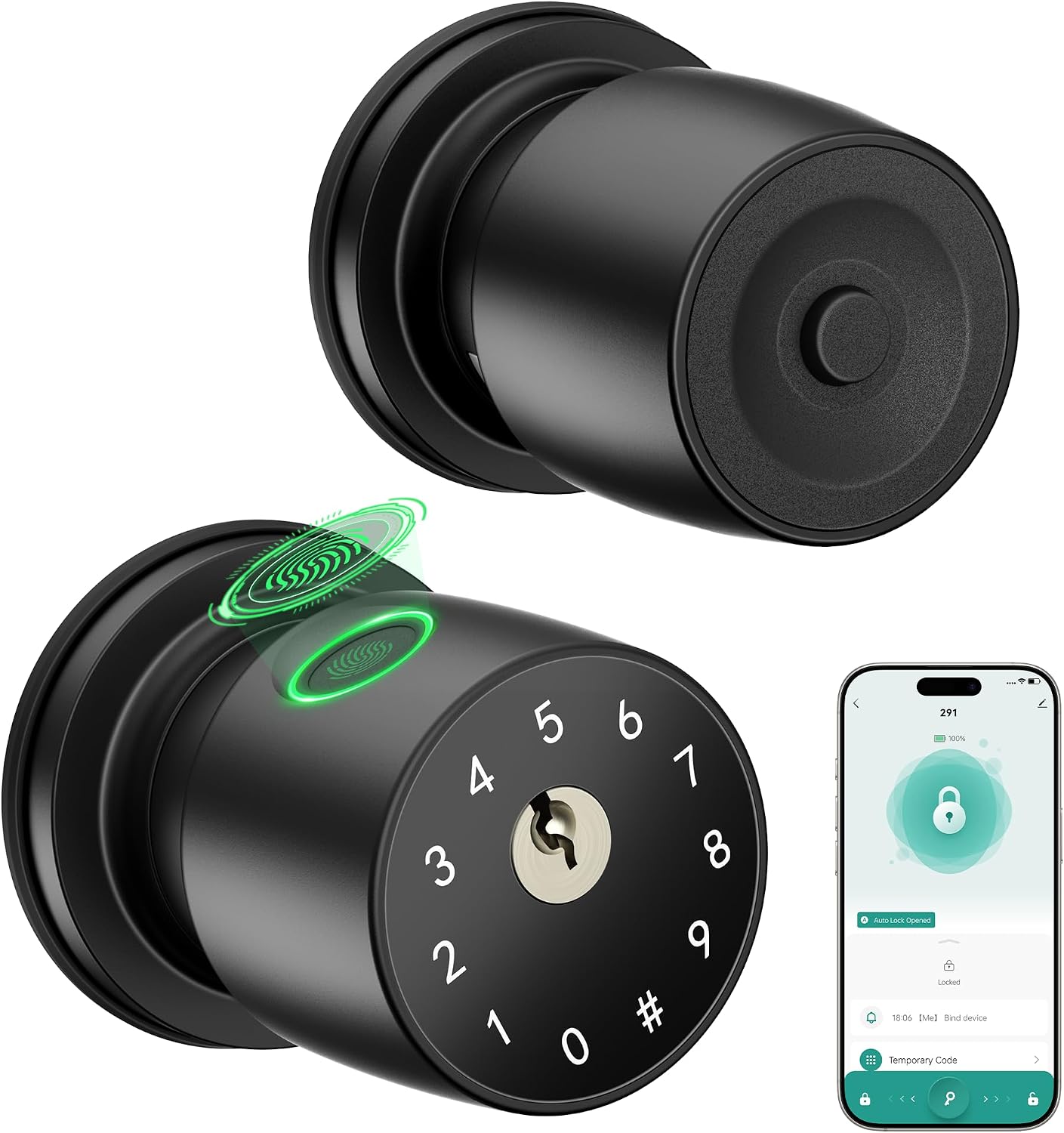 291Y 4-in-1 Smart Fingerprint Door Knob for Bedroom with App