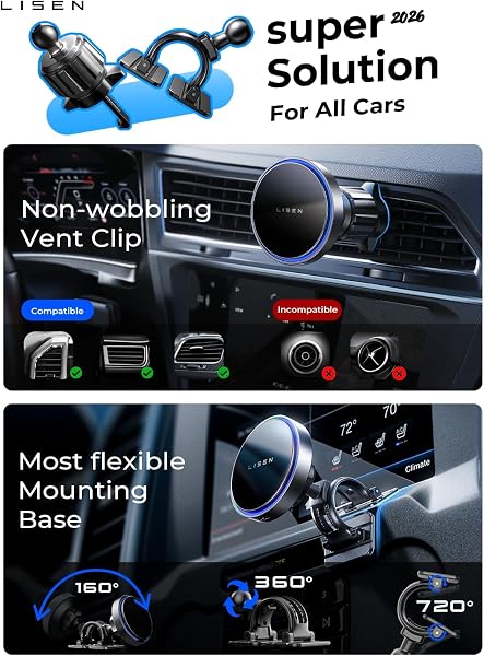 LISEN LISEN for 15W MagSafe Car Mount Charger,MagSafe Charger,Wireless Car Charger,Magnetic Phone Holder for Car,Phone Holders for Your Car Accessories for Women Men Jeep Ford F150 for iPhone 17-12,Samsung in use