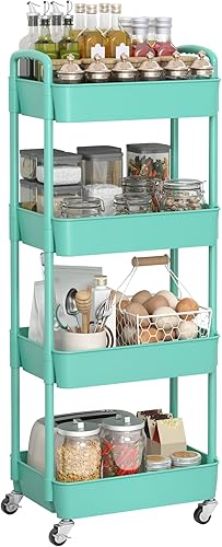 Miniatura 7 de Sywhitta 4-Tier Plastic Rolling Utility Cart with Handle, Multi-Functional Storage Trolley for Office, Living Room, Kitchen, Movable Storage Verde