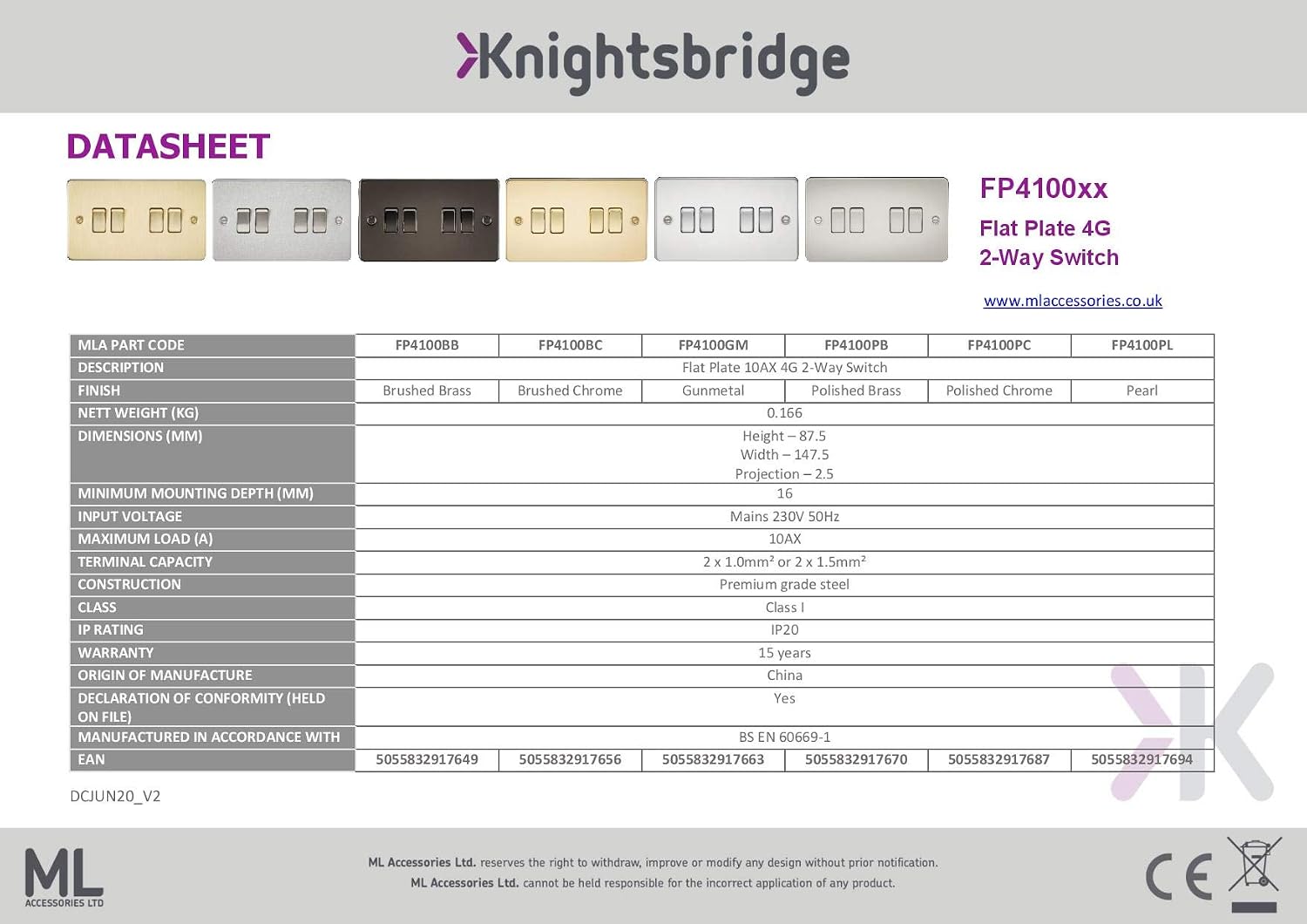 Knightsbridge FP4100PB FPAV4100PB Flat Plate 10A 4G 2 Way Switch-Polished Brass, Golden - Image 3