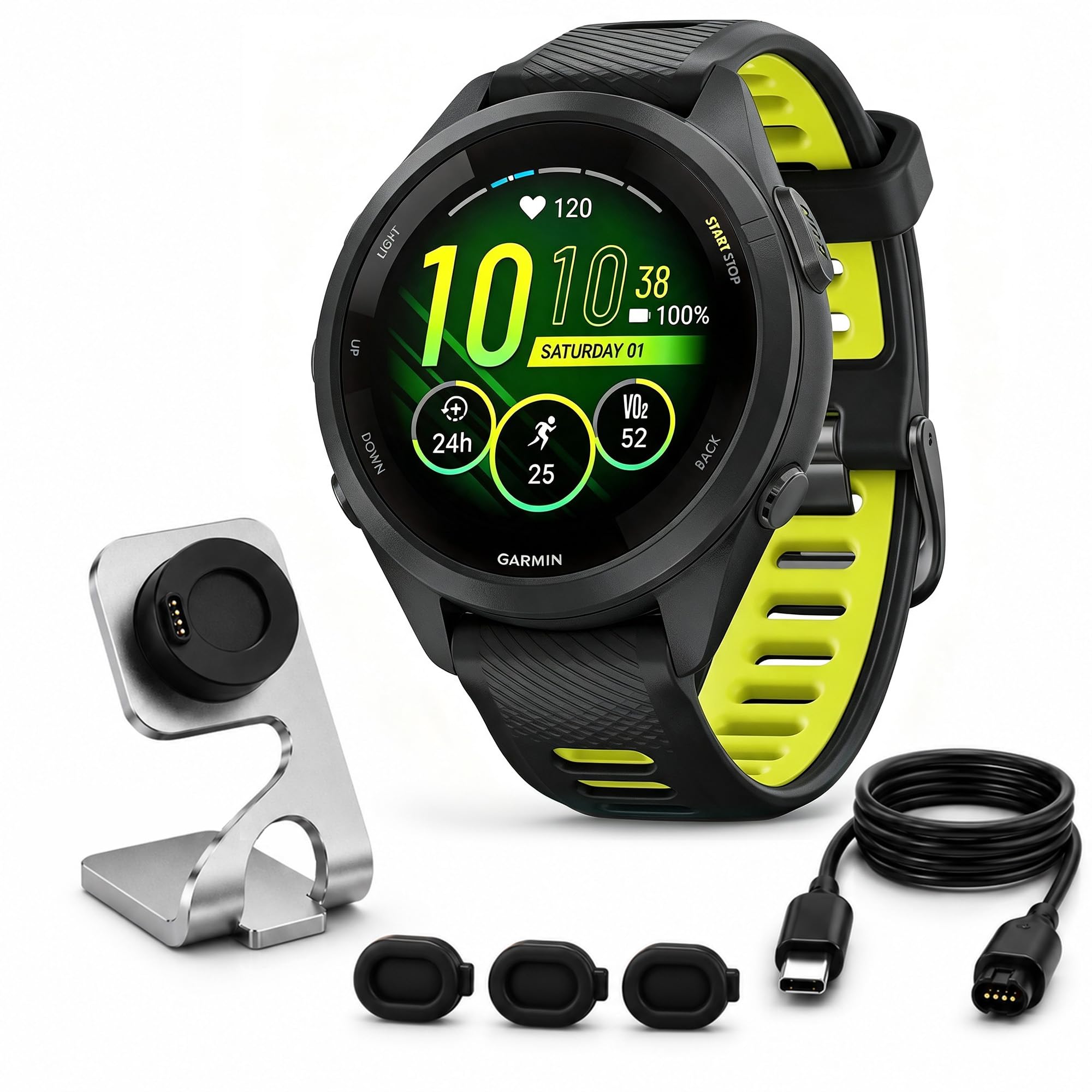 Garmin Forerunner 265S Running GPS Smartwatch, AMOLED Display, 42mm, Black/Amp Yellow, 010-02810-03 - Bundle w/Deco Essentials Charging Dock, Dust Cover and USB-C Cable