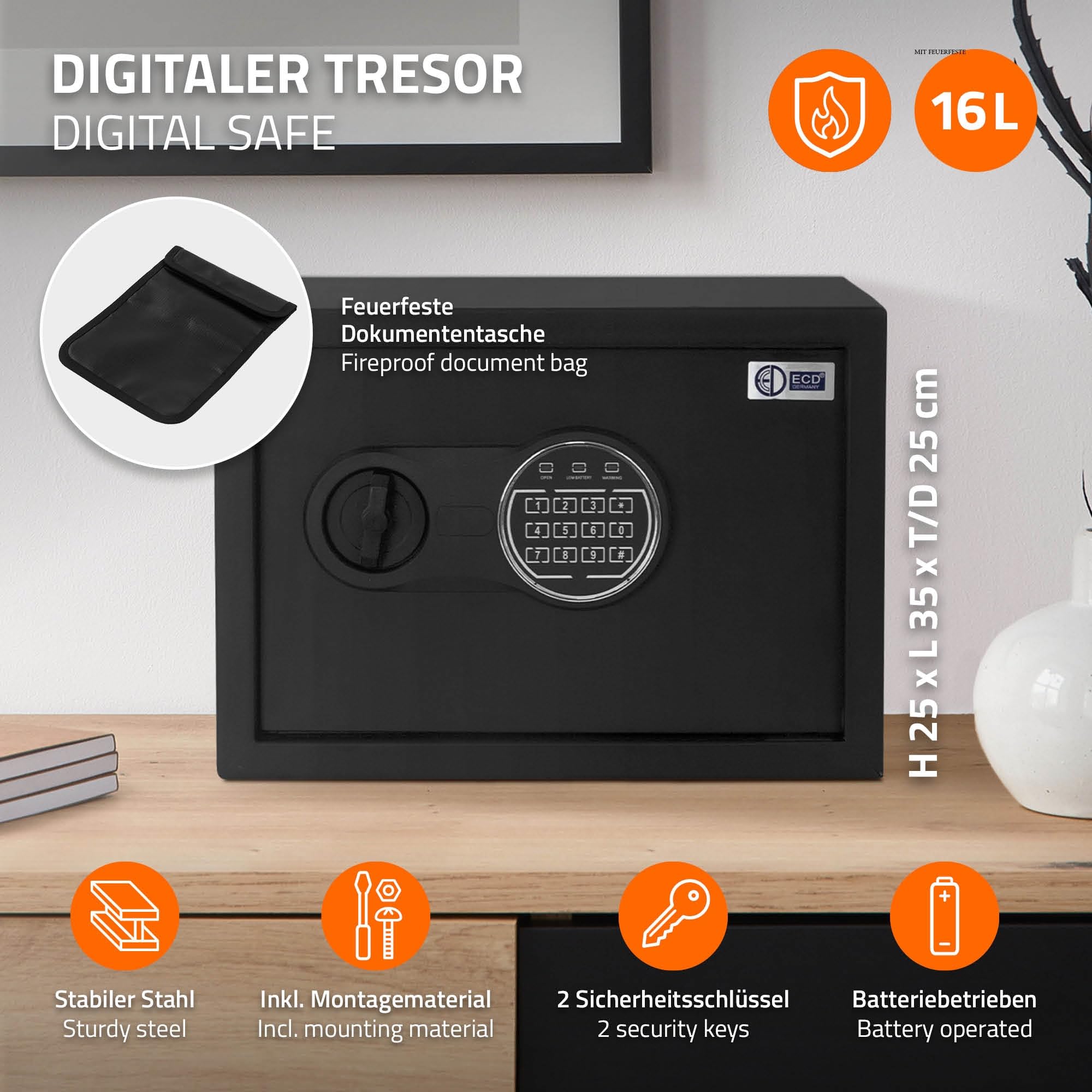 ECD Germany Caja Fuerte de Seguridad Eléctronica 16L 35x25x25 cm Pequeña con Bolsa Ignífuga, Teclado Númerico Digital, Luz de Sensor y Código PIN Metal Negro Depósito Seguro de Pertenencias