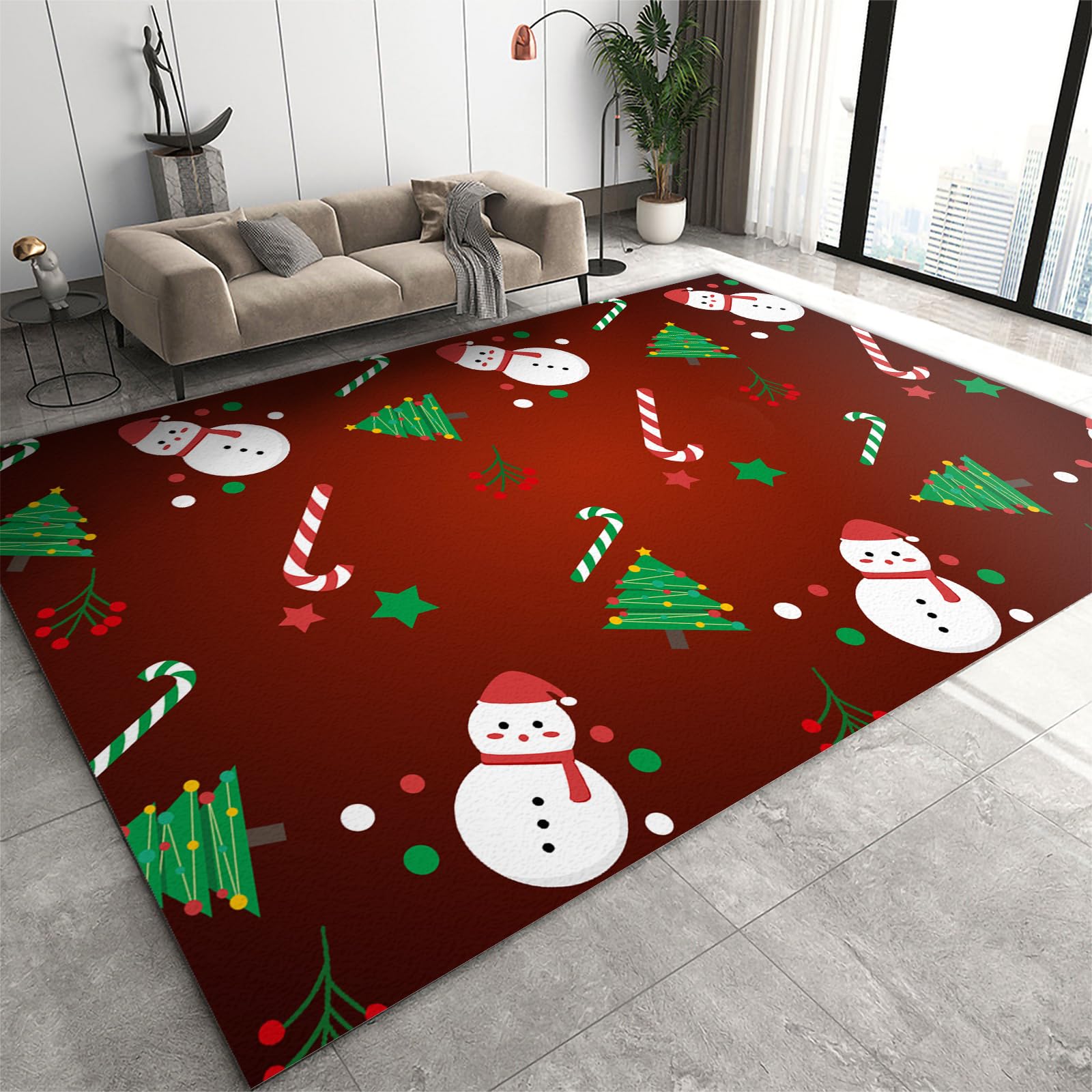 FIEMAR Area Rug 70x140cm Christmas Area Rug, Burgundy Christmas Snowman Christmas Tree Outdoor Front Door Decor Mat, Machine Washable Non Slip Low Pile Door Mats Carpetfor Dining Room Classroom