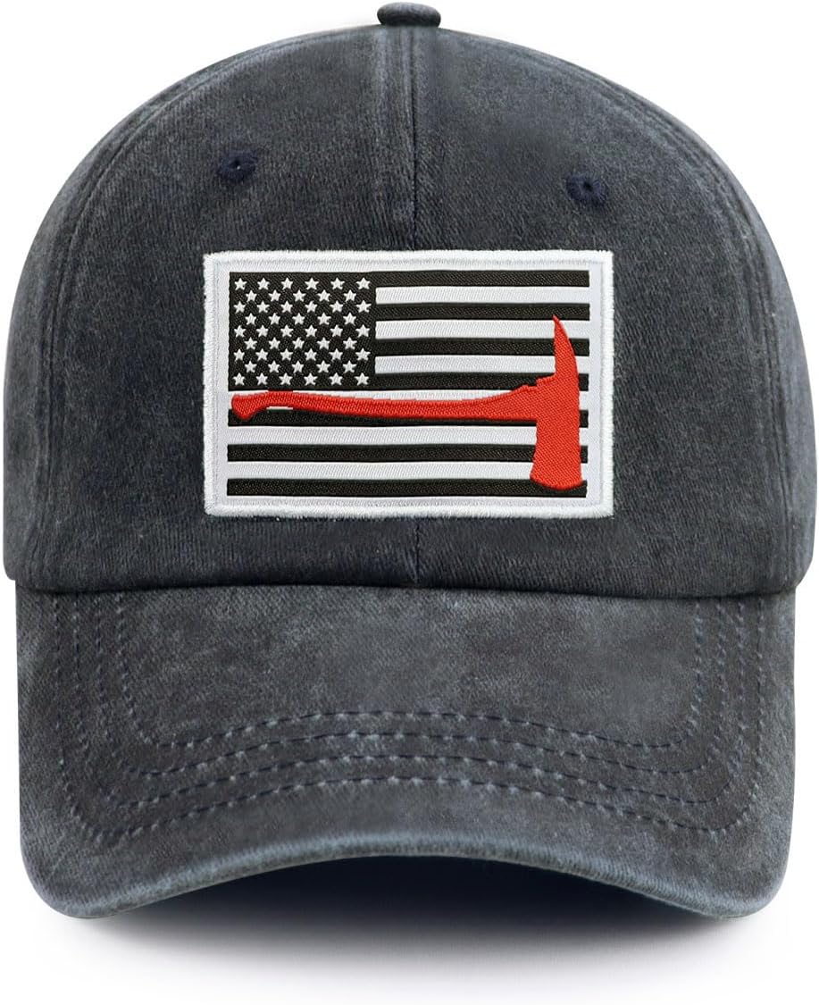 Red Line Firefighter Axe USA Flag Hats for Men Women, Funny Adjustable Cotton Embroidered Baseball Cap