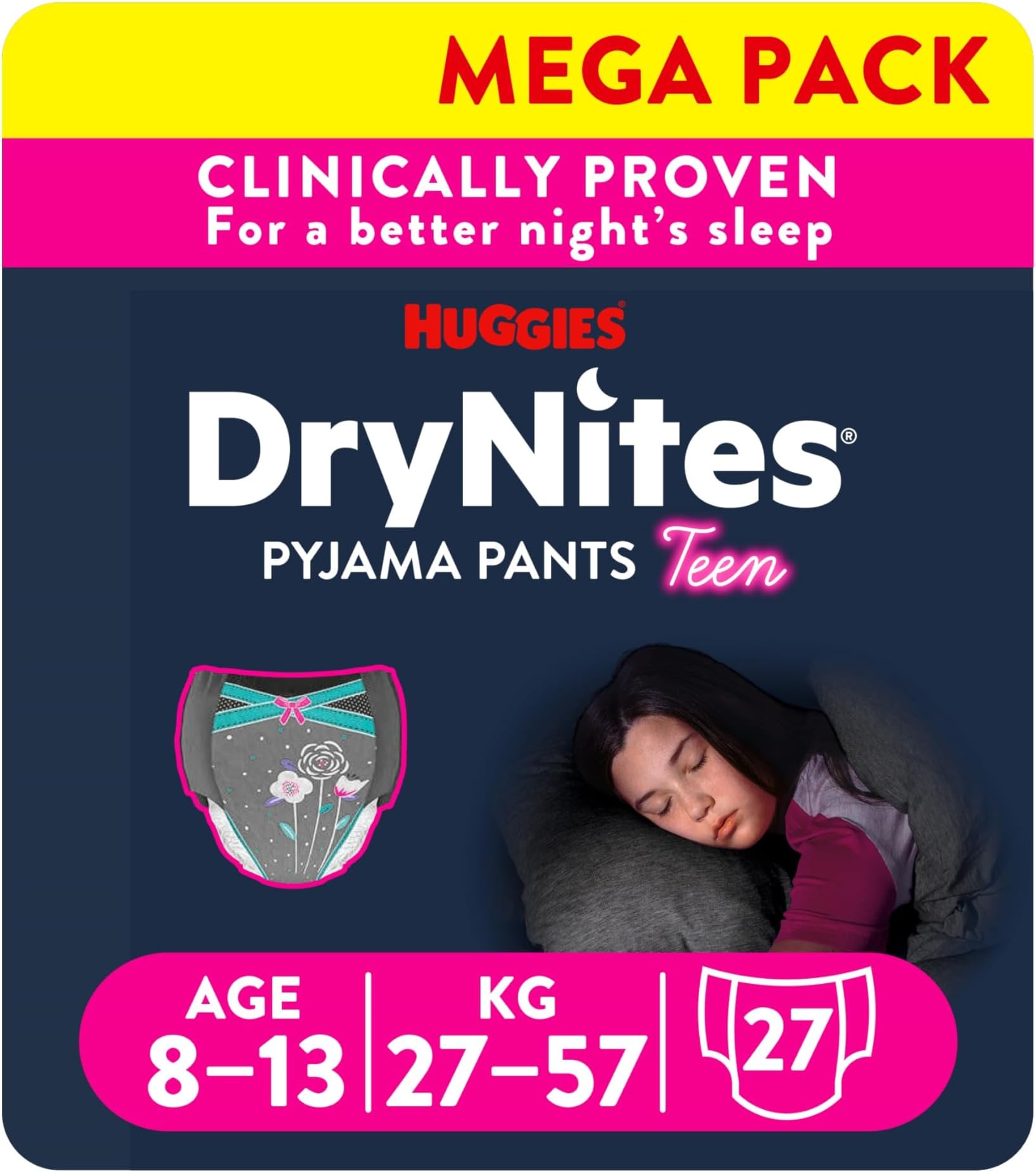 Huggies DryNites Bedwetting Pyjama Nappy Pants, Girl Age 8-13 (30-48 kg) - 3 packs of 9 pants - 27 pants total