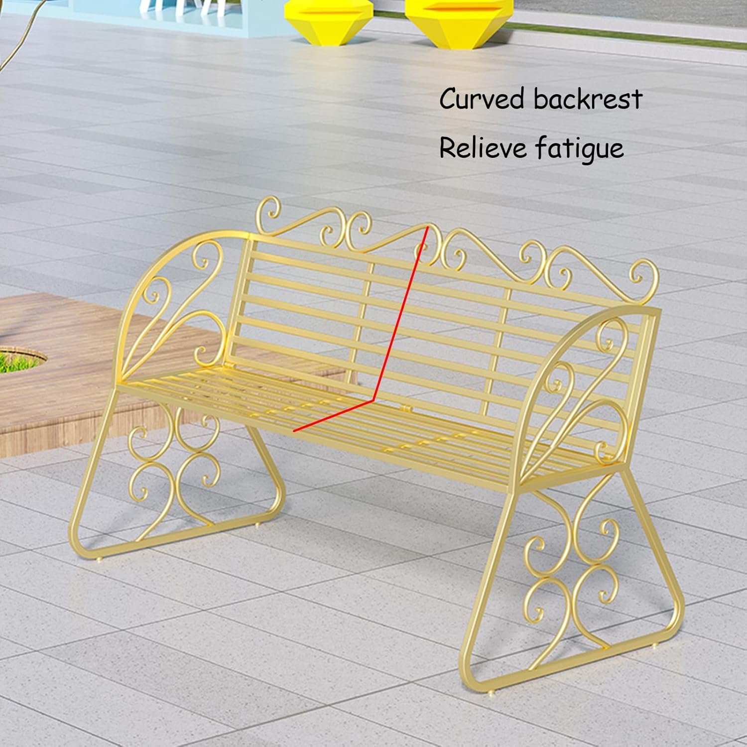 Patio Garden Bench, Decorative Pattern Iron Park Chair Seat, with Decorative Backrest & Ergonomic Armrest for Outdoor Garden, Backyard, Lawn, Porch (Color : Gold, Size : 45.2inx15.7inx33.8in