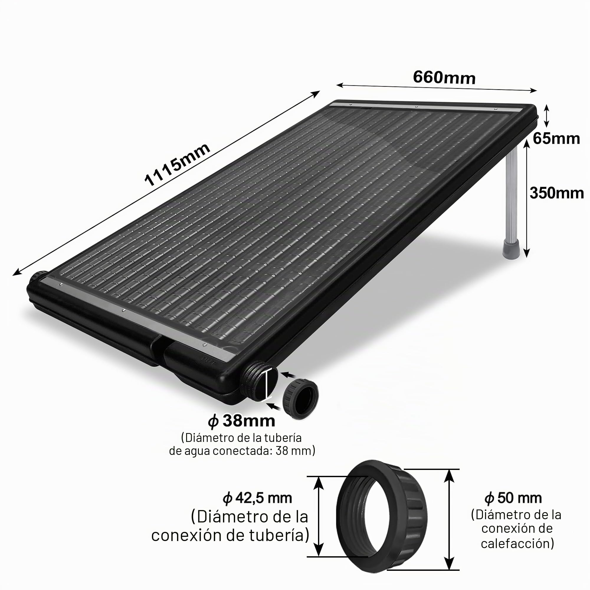 NAIZY Panel solar para calefacción de piscina, 111 x 66 x 6 cm, sistema de agua caliente con barra de apoyo y conexión de 5 cm de diámetro, calefacción solar para piscinas al aire libre