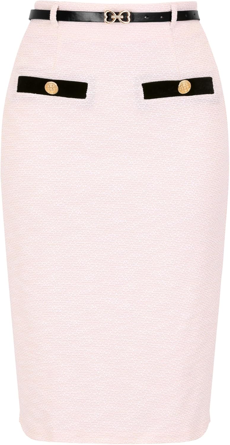 Allegra K Work Skirts for Women Knee Length High Waisted Tweed Skirt Button Decor Bodycon Pencil Midi Skirt with Belt