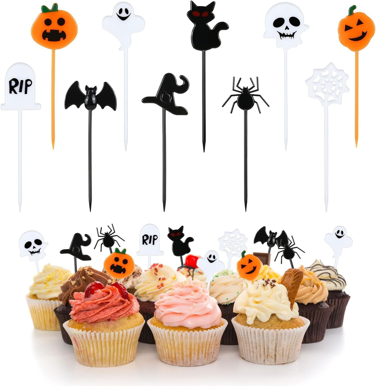 Kesote ハロウィン ケーキトッパー 100枚入 ケーキ 飾り ピック 10種 カップケーキ お菓子 飾り 飾り付け デコレーション 装飾 イベント ハロウィン ピック