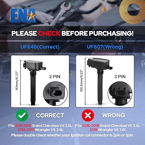 Miniatura 2 de ENA Juego de 6 bobinas de encendido y bujías de iridio para UF648 compatibles con Chrysler Dodge Charger Jeep Grand Cherokee Wrangler 200 300