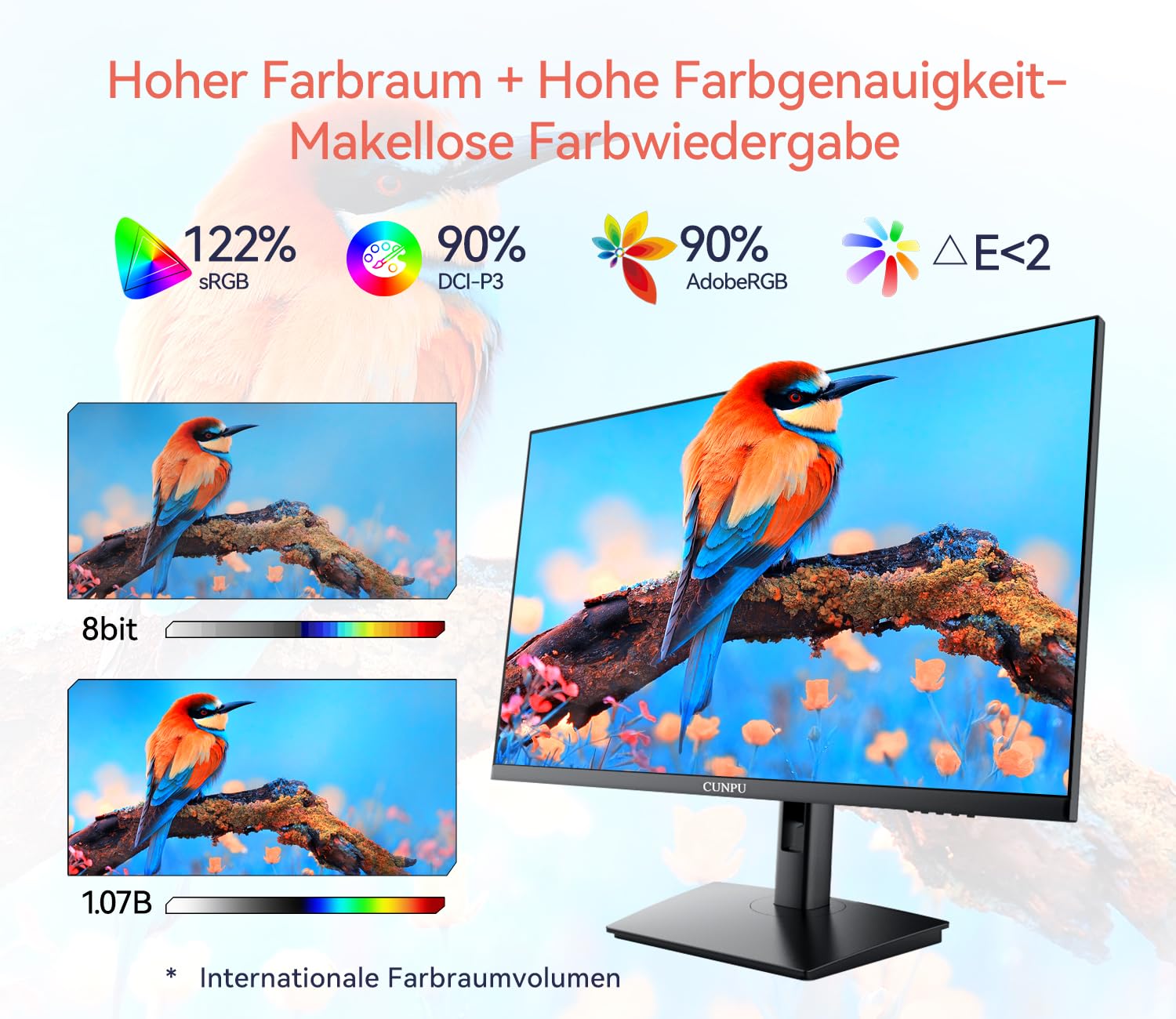 CUNPU 27 Zoll 4K Monitor USB-C 65W, Matt IPS Panel 1ms GTG, USB Hub, SRGB 122%, DCI-P3&AdobeRGB 95%, Delta E＜2, HDR, Eye Care, VESA(100X100mm), 1x DP HDMI USB-C USB-B, 2xUSB-A