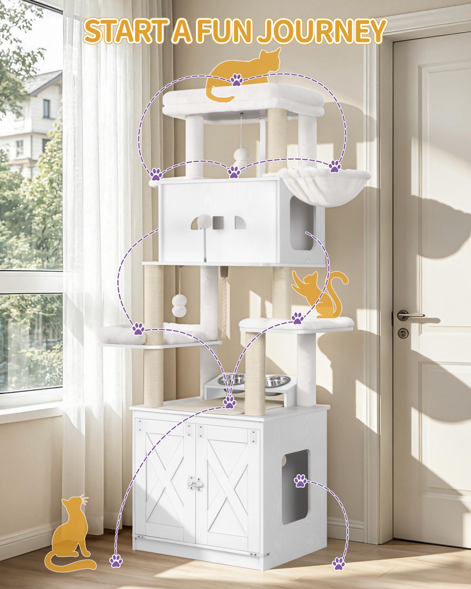Hzuaneri Mobile Lettiera per Gatti, Albero Tiragraffi per con Ciotole, Condominio per Gatti Multilivello 173 cm, Amaca, Cuscino in Peluche Removibile e Lavabile, Bianco CB89013WT