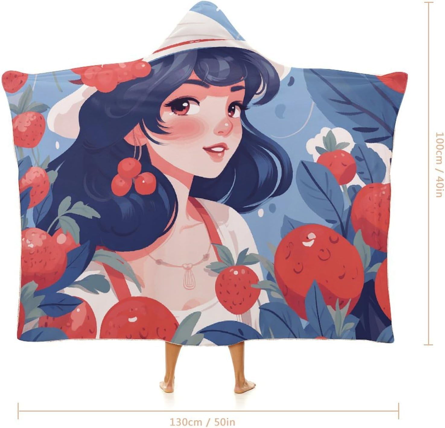 Girl And Red Berries Hooded Blanket Cozy And Functional,Wearable Blanket Hoodie for Women Men,Blanket Poncho Presents40 x50