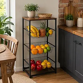 Fruteira De Chão Aramada Cozinha Metal Madeira Moderna Mesa (Preto/Marrom)