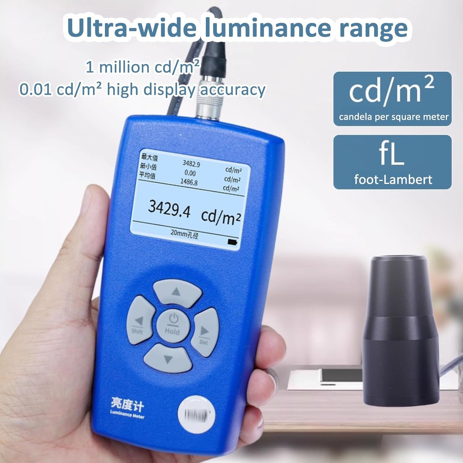 Digitales Leuchtdichtemessgerät Mit 2 Sonden, 1–1.000.000 Cd/m², Für Hdr-leinwände Und Projektoren, Flimmeranalyse, Farbwiedergabeindex (cri), Spektrumanalyse