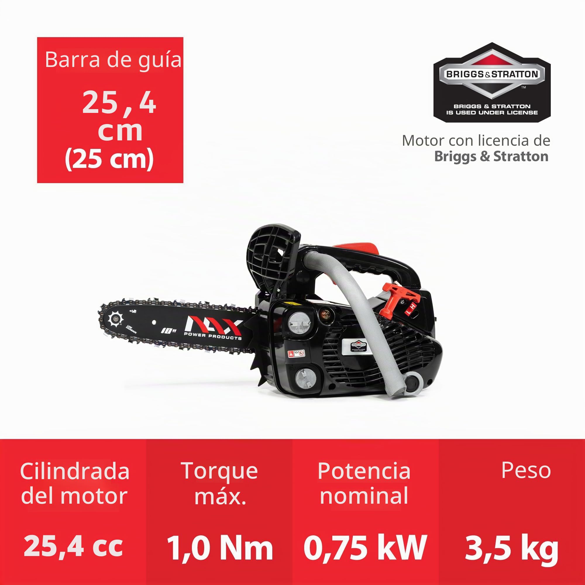 NAX POWER PRODUCTS Motor 100 C 25,4 cm3 0,75 kW, riel guía de 10 pulgadas 25 cm, sistema antirretroceso LOW KICKBACK Briggs & Stratton, licencia oficial, motosierra de gasolina, color negro