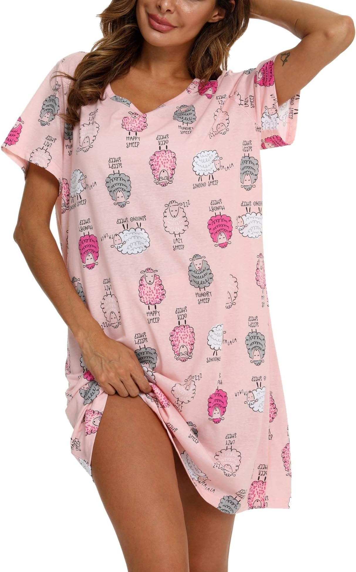 Womens Nightgowns Cotton Sleepwear Plus Size Sleep Shirt Short Sleeve Nightshirt Print Sleepshirt