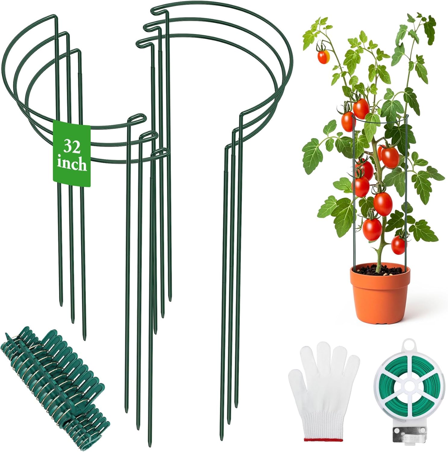 Unves 6 Pack Peony Cage, 13″ W x 32″ H Half Round Ring Metal Plant Support Stakes, Heavy Duty Peony Cages and Supports for Indoor Outdoor Plants, Vegetables and Flowers with Clips, Ties and Gloves