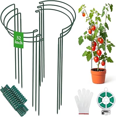 Unves 6 Pack Peony Cage, 13" W x 32" H Half Round Ring Metal Plant Support Stakes, Heavy Duty Peony Cages and Supports for Indoor Outdoor Plants, Vegetables and Flowers with Clips, Ties and Gloves