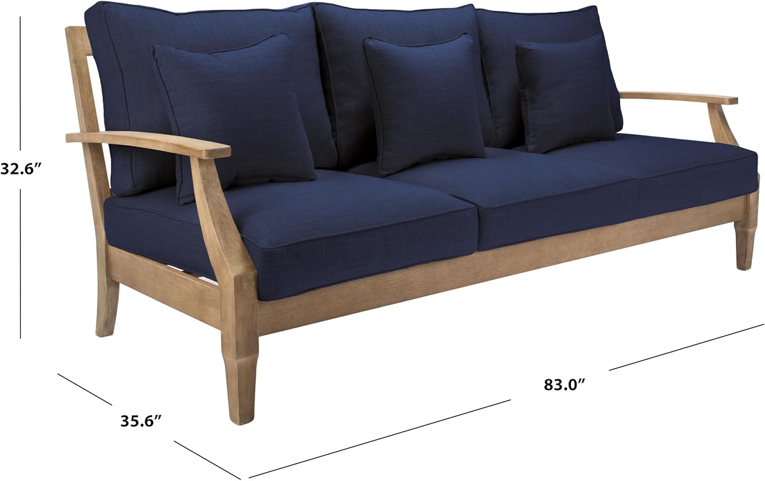 SAFAVIEH Couture Outdoor Collection Martinique Natural/Navy Cushion Solid Wood Patio Sofa