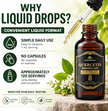HERBALICIOUS Quercetin Bromelain Liquid with Resveratrol, Zinc, Vitamin C & D3 Immune Support Drops 4 fl oz (120 mL) Fast Absorption Non-GMO Dietary Supplement
