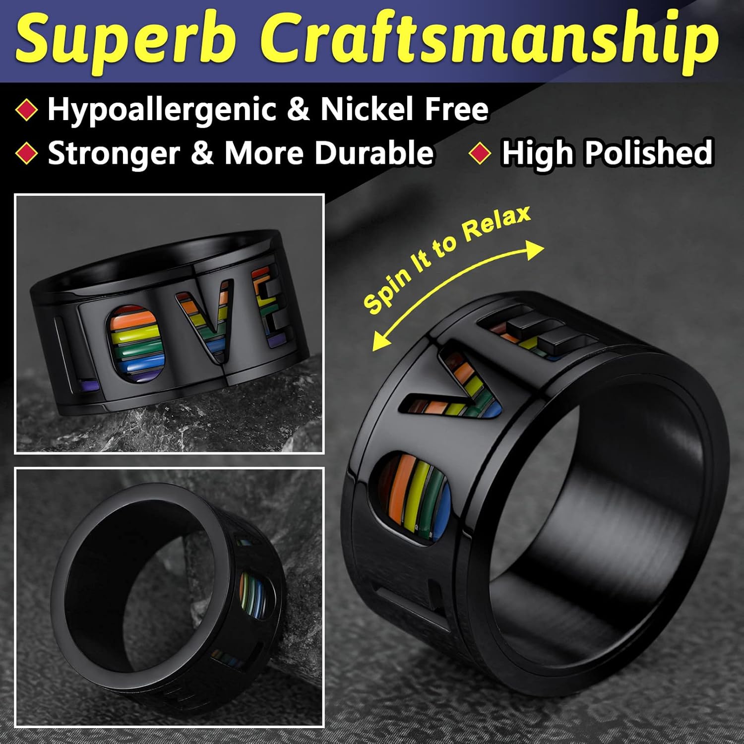 FaithHeart LGBT Pride Rainbow Fidget Rings, Stainless Steel/18K Gold Plated Love is Love Jewelry for Men Women Personalized Customize