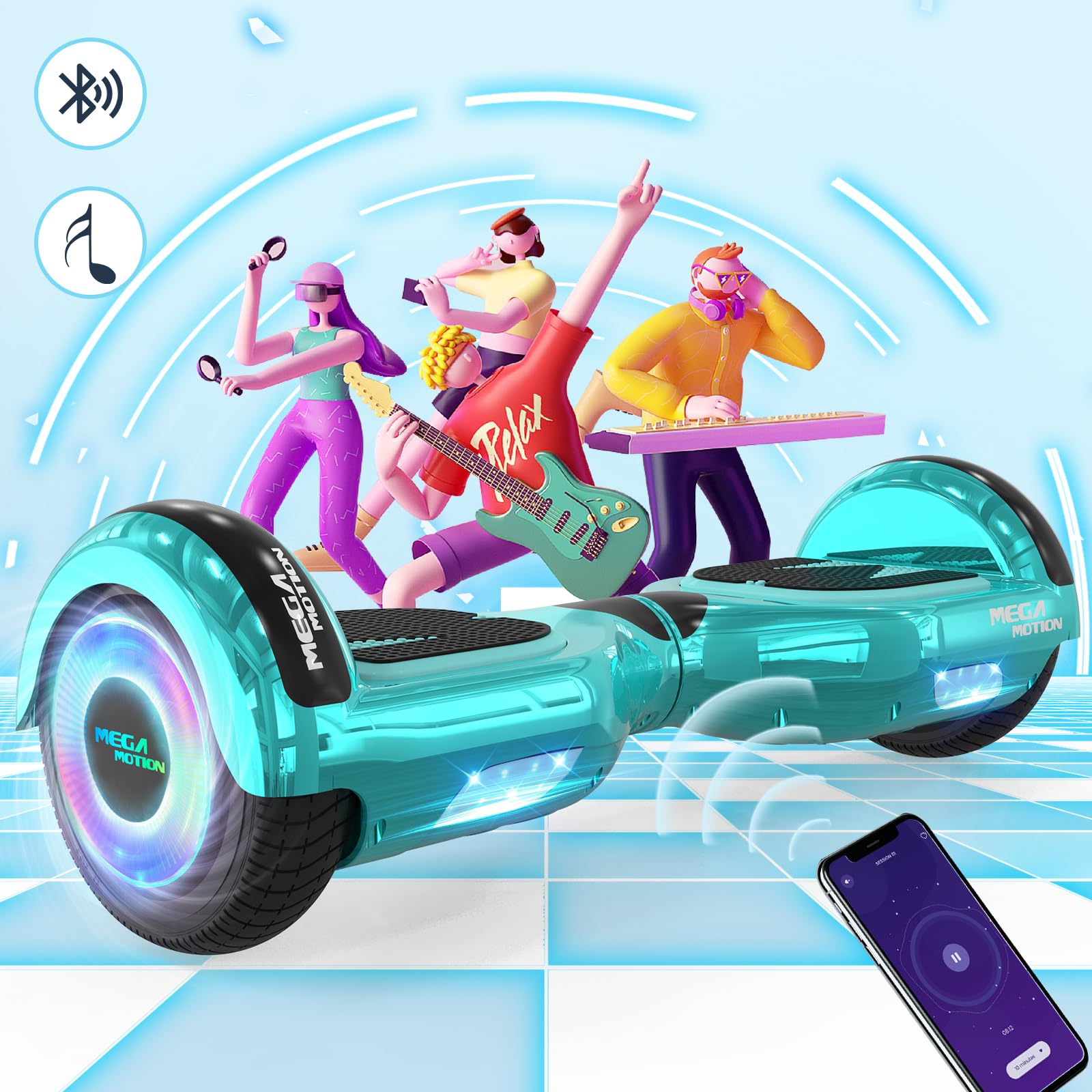 MEGA MOTION 6.5 Zoll Hoverboards mit Sitz für Kinder, Geschenk für Kinder, mit Bluetooth-Lautsprecher-leistungsstarkem Motor, mit LED-Leuchten
