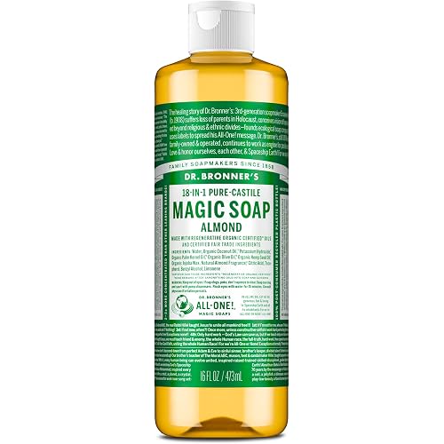 Dr. Bronner's Pure-Castile Magic Soap Liquid (Almond, 16 Ounce) - Made with Regenerative Organic Certified Oils, 18-in-1 Uses: Face, Body, Hair, Laundry, Pets and Dishes, Concentrated, Vegan, Non-GMO