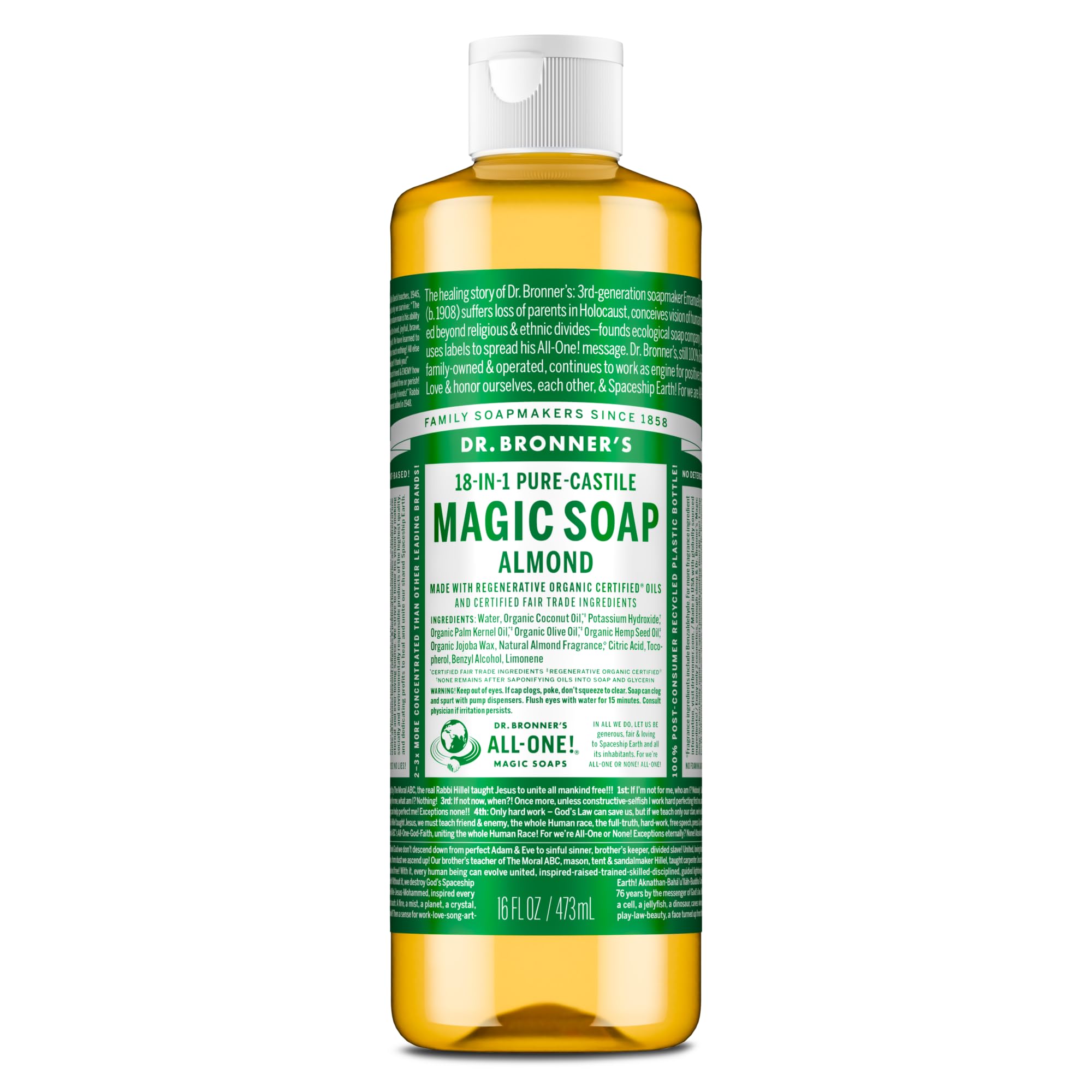 Dr Bronner's - 18-in-1 Almond Pure-Castile Liquid Soap, 473ml Bottle