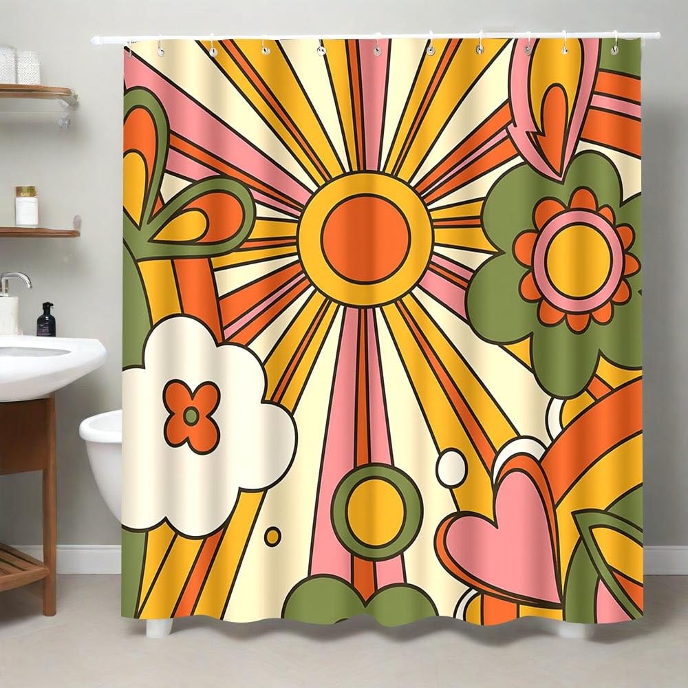awitufhgp 1pc Retro Shower Curtain - Sunburst & Floral Pattern, Groovy Bathroom Decor with Hooks for Bathtub or Shower Enclosures(240x175cm/94x69in(WxH))