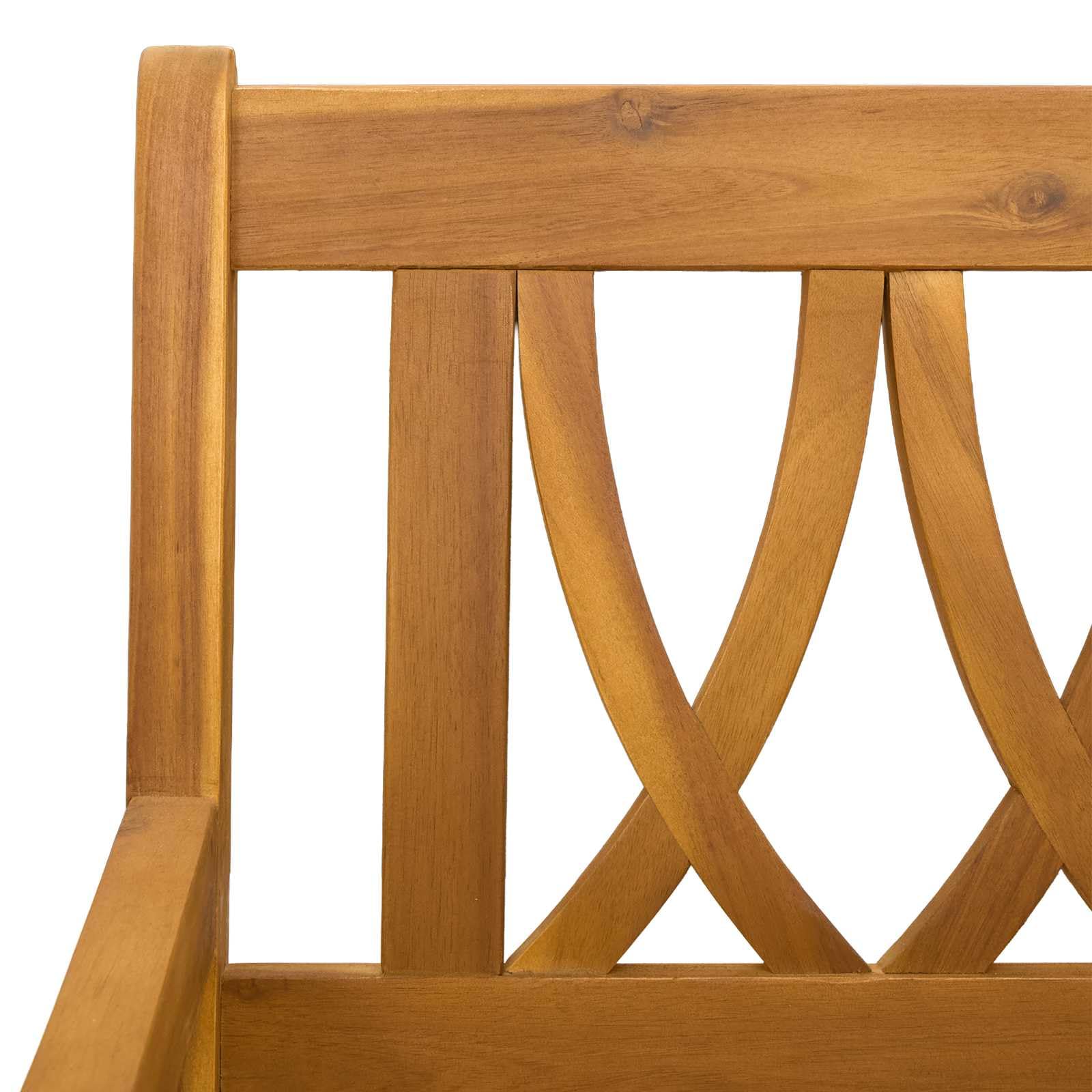 Banco de jardín rústico de madera maciza de acacia, 110 x 59 x 97 cm, con reposabrazos planos y patas de poste estables para un agarre seguro, superficie aceitada, fácil de limpiar.