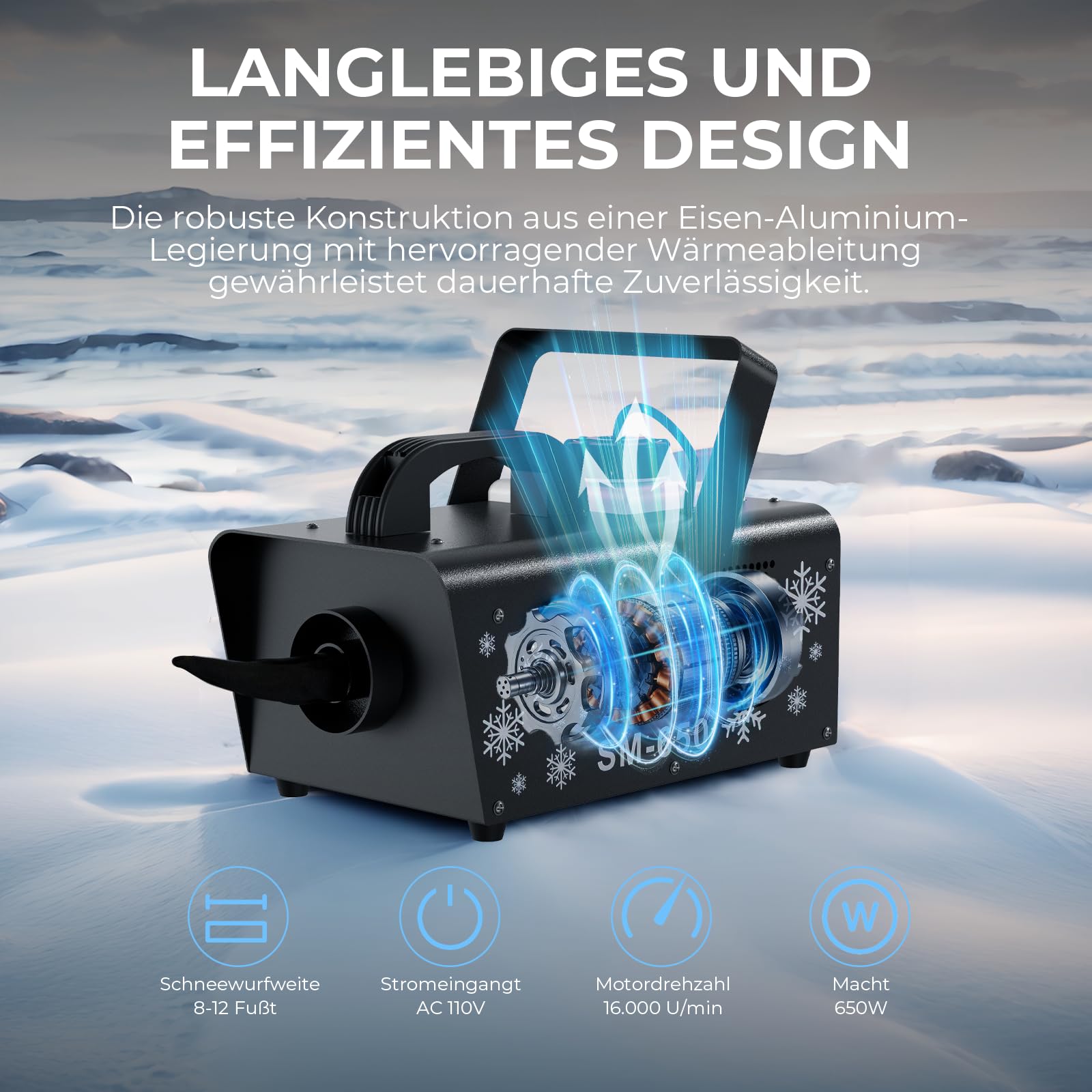 Kunstschneemaschine 600 Watt mit Fernbedienung – Schneekanone für drinnen und draußen mit 6 LED-Leuchten – Ideales Winter- und Partyschneegerät