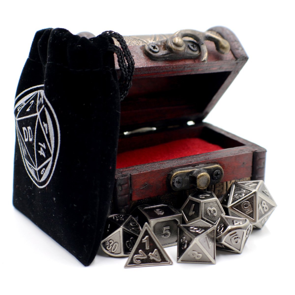 Jeu de dés en métal avec bordure argentée et coffre de rangement pour jeux de table