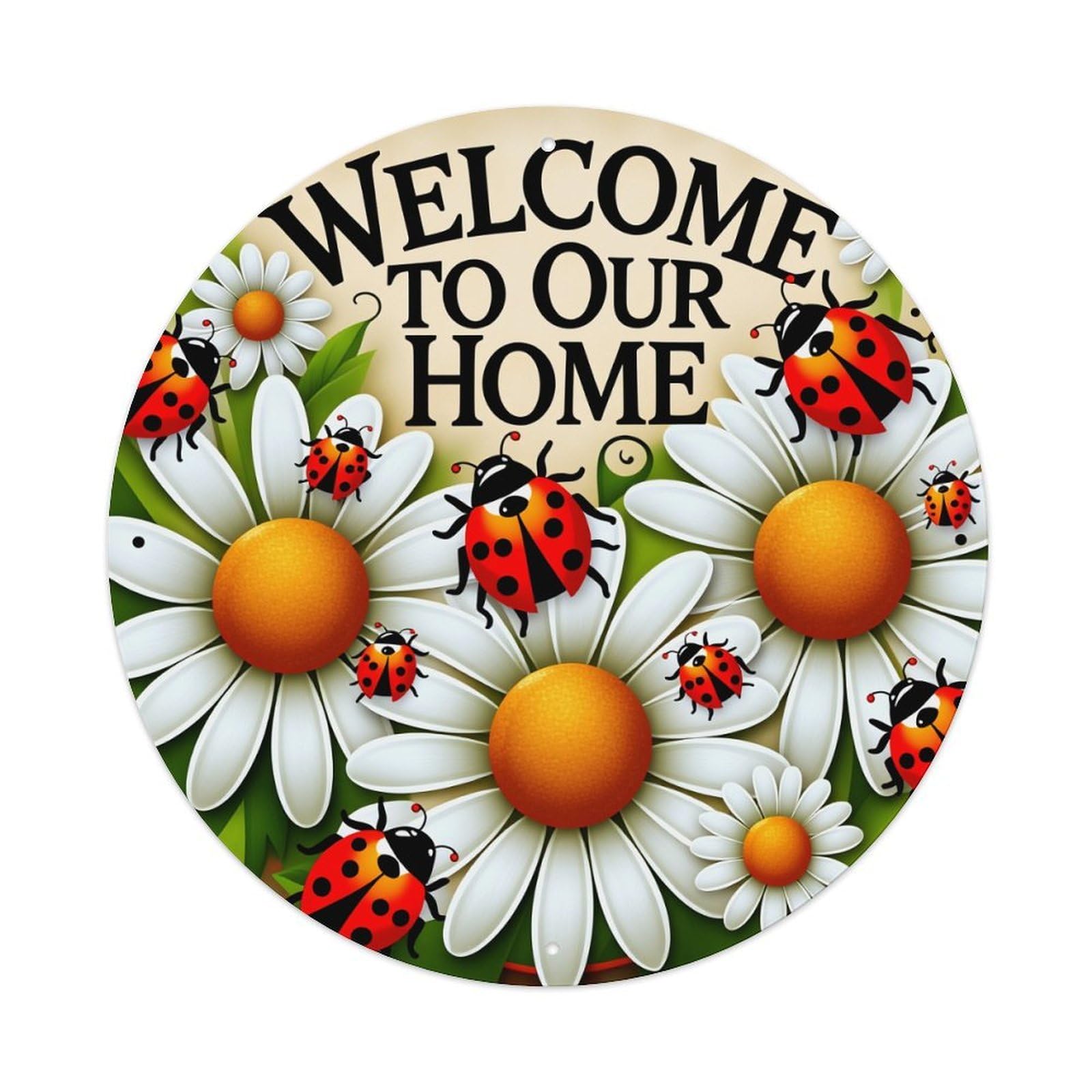 Ladybugs Daisies Welcome Home Pattern Round Tin Sign Vintage Metal Poster Retro Bar, Home, Man Cave, Kitchen, Laundry Room Wall Art Decor Gift 8x8Inch